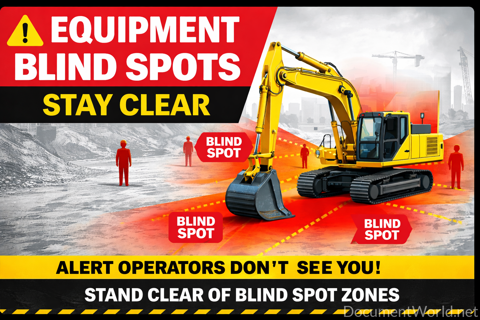 A professional Equipment Blind Spot Safety – Stay Clear poster designed to prevent accidents around heavy machinery. Ideal for construction sites, warehouses, and industrial workplaces where visibility is limited. Clear warning visuals and instructions help workers stay safe in high-risk zones.