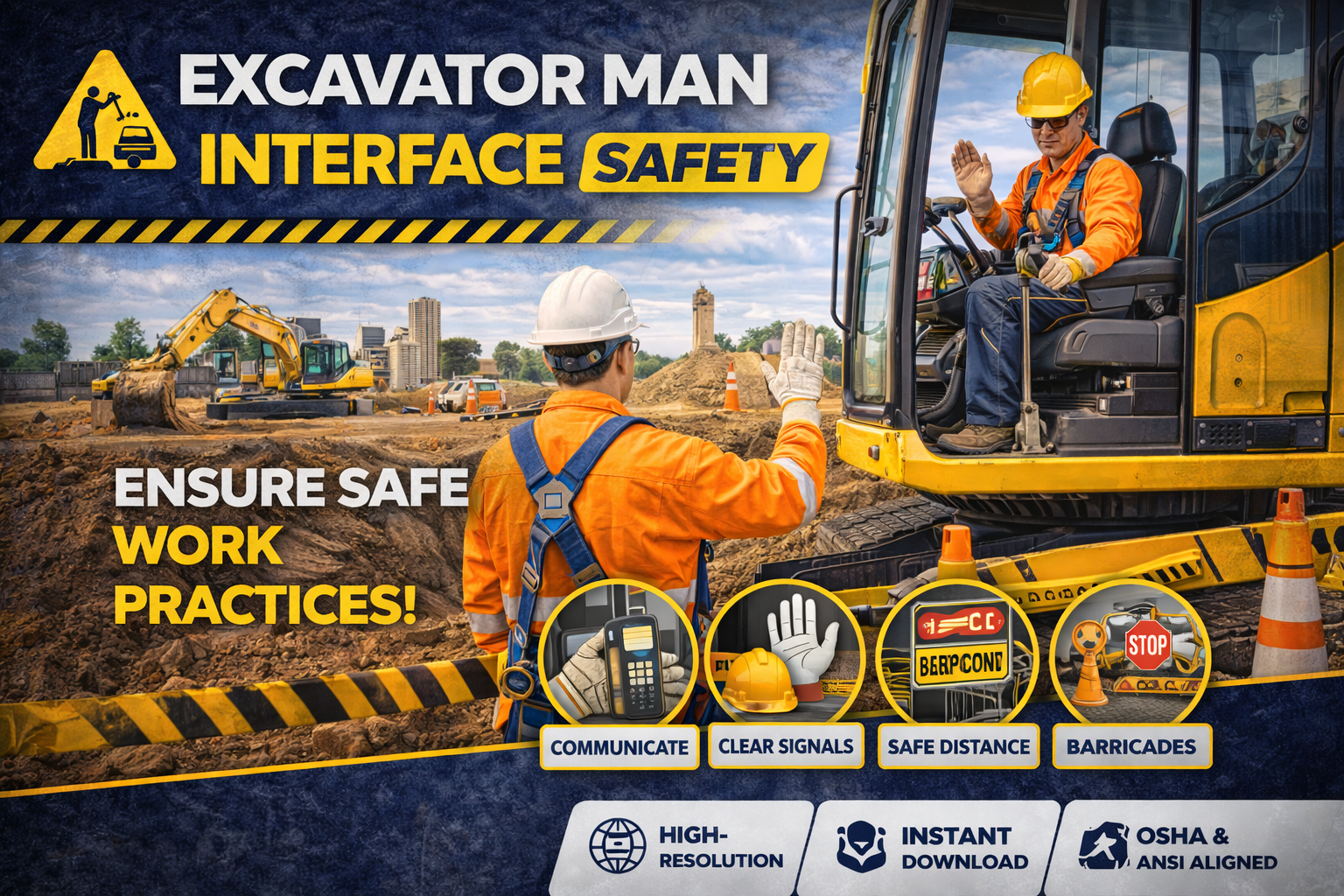 Excavator Man Machine Interface Safety Poster Construction Equipment Worker Safety Awareness