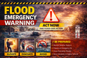 Flood Emergency Warning Poster – Evacuation & Flood Safety Awareness Sign