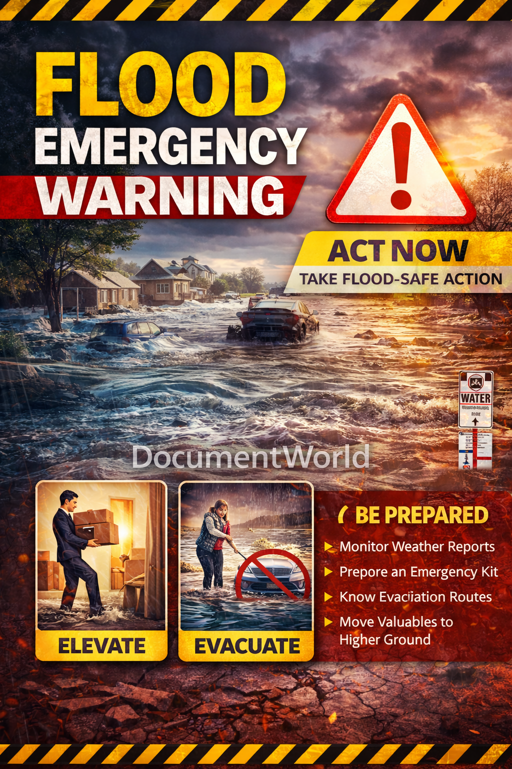 Flood emergency warning poster showing evacuation guidance and flood safety awareness instructions