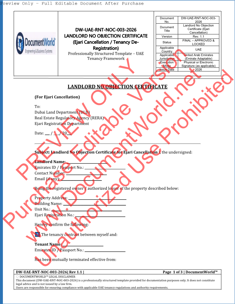 UAE Landlord No Objection Certificate (NOC) Template | Ejari Cancellation | Tenancy De-Registration Letter (2026)