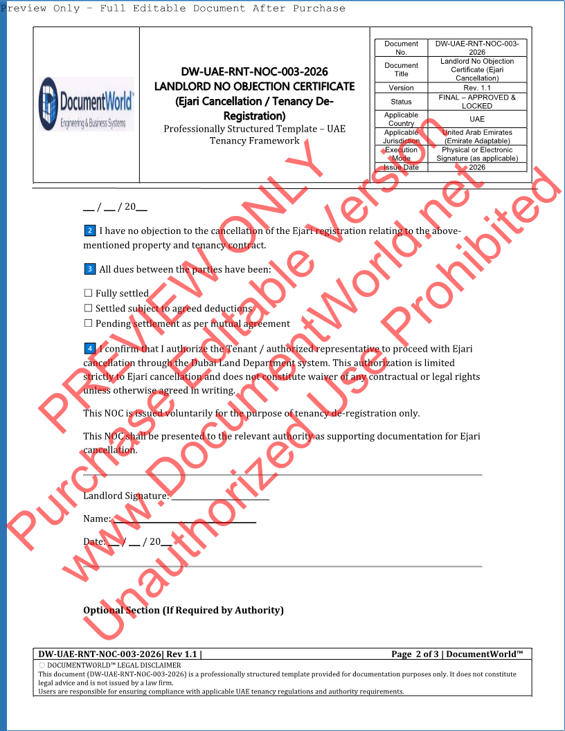 UAE Landlord No Objection Certificate (NOC) Template | Ejari Cancellation | Tenancy De-Registration Letter (2026)