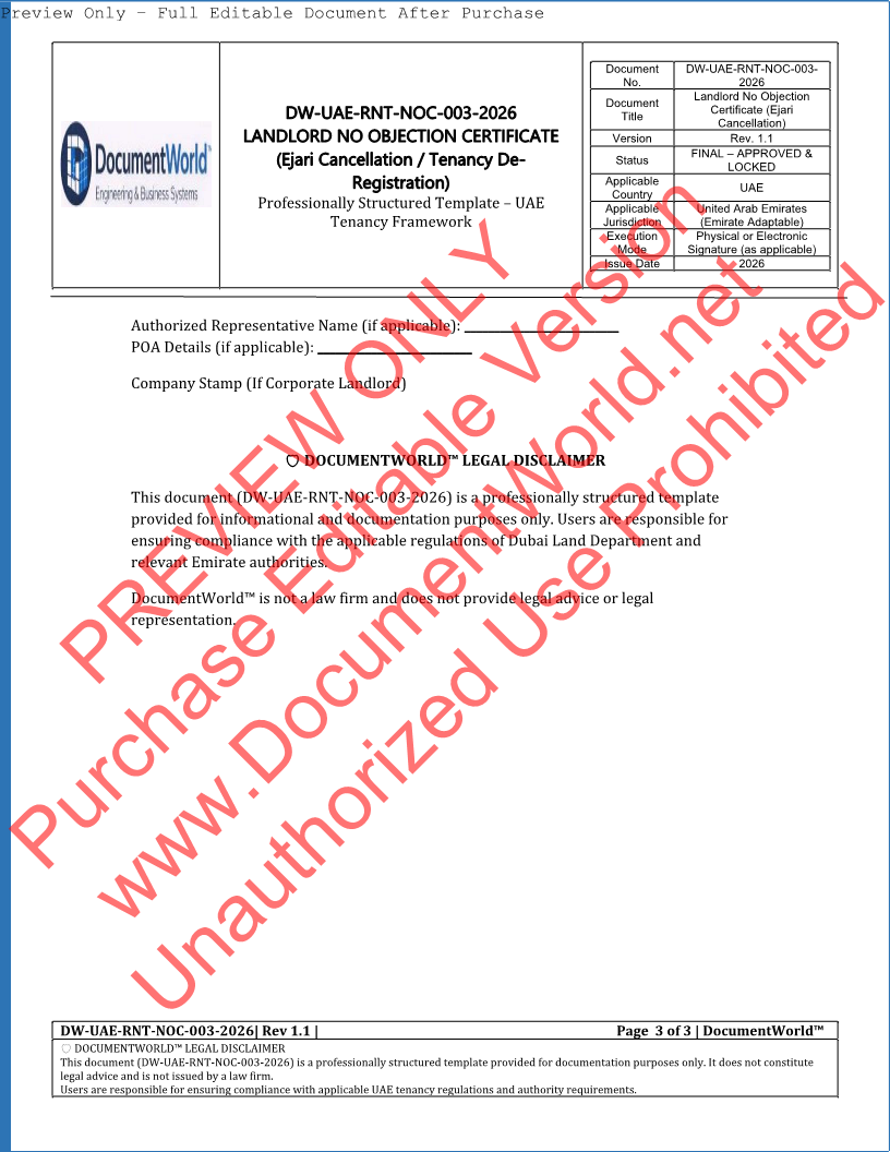 UAE Landlord No Objection Certificate (NOC) Template | Ejari Cancellation | Tenancy De-Registration Letter (2026)