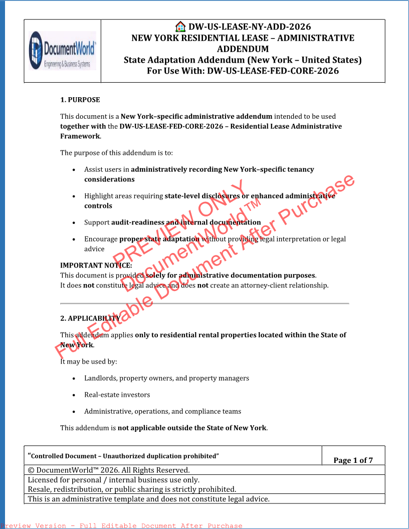 New York Residential Lease Addendum (2026) – Disclosure & Compliance Tracker Template