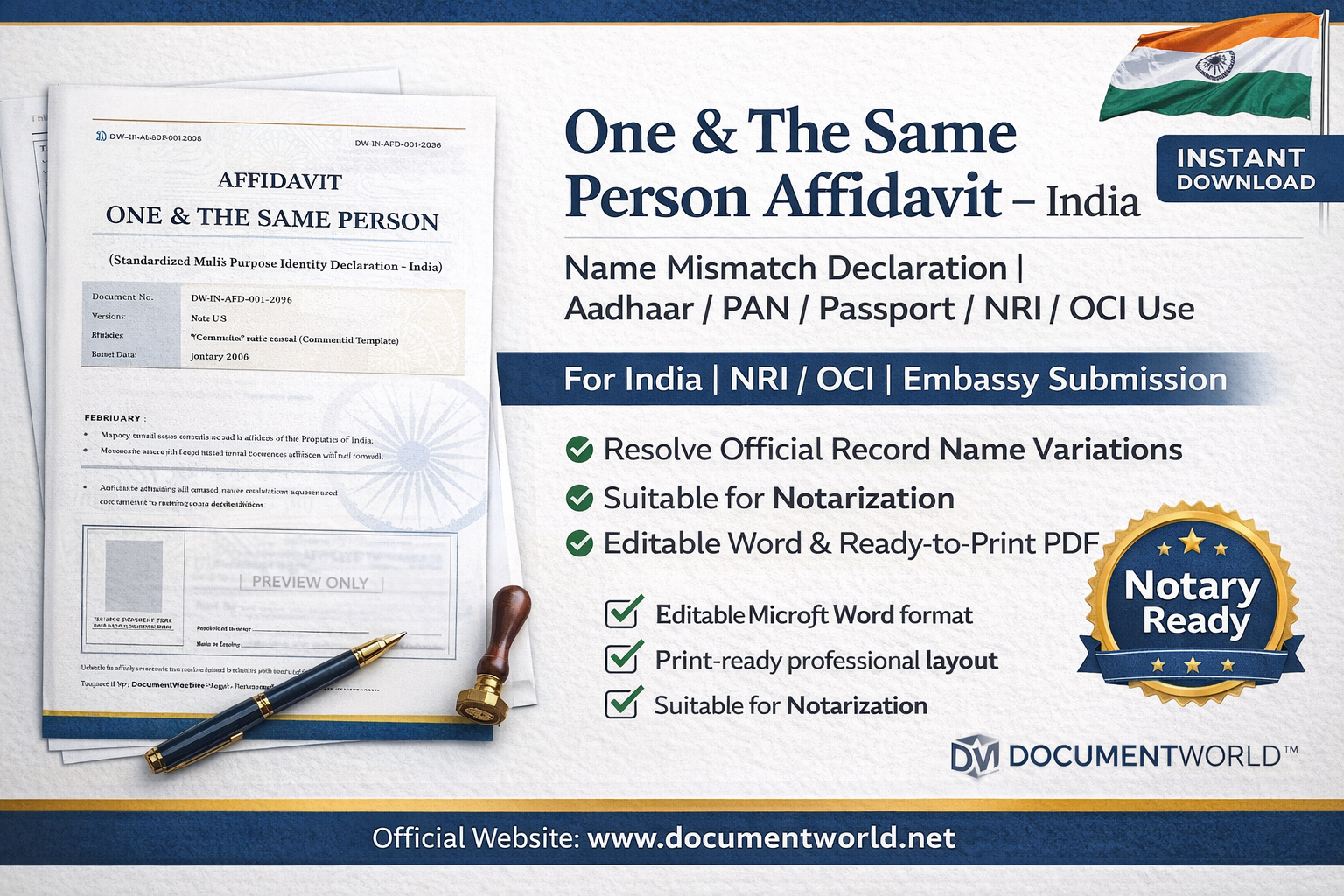 One & The Same Person Affidavit India – Name Mismatch Identity Declaration Template