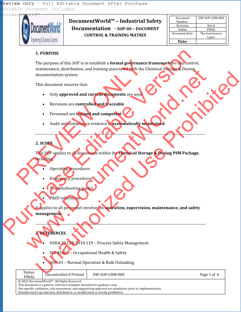 SOP-00 Document Control & Training Matrix – Chemical Storage & Dosing PSM System | ISO 45001 Audit Ready