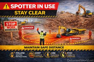 Spotter in use safety poster indicating heavy equipment operation area with designated spotter guidance for worker safety