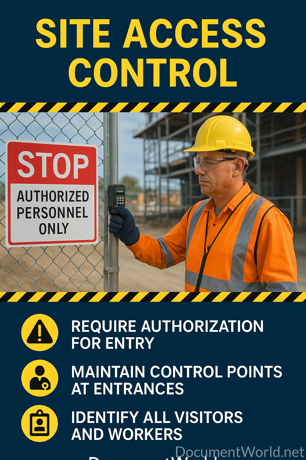 🚧 Site Access Control – Authorized Personnel Only Protect High-Risk Areas with Clear Access Control In construction and industrial environments, controlling who enters specific areas is critical for safety, security, and operational control. This professionally designed Authorized Personnel Only safety poster clearly communicates restricted access zones, helping prevent accidents, unauthorized entry, and safety violations. It is an essential visual control tool used at entry points, gates, barriers, and restricted work zones. ⚠️ Key Safety Messages ✔ Entry beyond this point is restricted ✔ Authorized personnel only ✔ Unauthorized access strictly prohibited ✔ Follow site access procedures ✔ Report unauthorized entry immediately 🏗️ Ideal For Construction sites Industrial plants Oil & gas facilities Warehouses and logistics areas Equipment operation zones Confined or hazardous areas ⭐ Product Features ✔ High-resolution printable format (A1 / A2 / A3) ✔ Clear and bold warning message ✔ Professional industrial safety design ✔ Recognizable safety symbols ✔ Suitable for gates, doors, fences, and entry points ✔ Instant digital download 📌 Why This Poster is Important Unauthorized entry into restricted areas can lead to: ❌ Serious injuries ❌ Equipment accidents ❌ Legal liability issues ❌ Security breaches This poster helps: ✔ Enforce site safety rules ✔ Improve access control discipline ✔ Reduce accidents and incidents ✔ Support compliance during audits 📊 Compliance Reference Aligned with: OSHA workplace safety requirements ISO 45001 safety management standards Standard site access control procedures