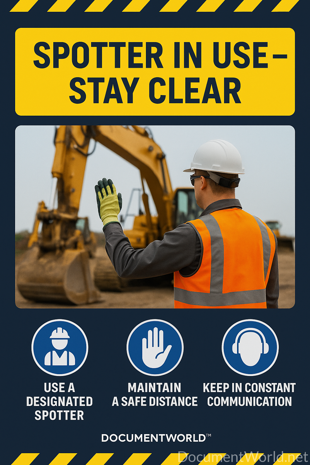 Spotter in Use – Heavy Equipment Safety Area Improve Safety Communication Around Moving Equipment In high-risk work environments, heavy equipment operators often rely on spotters to guide movement and ensure safe operations. This professionally designed Spotter in Use safety poster clearly informs workers that a spotter is actively managing equipment movement and that extra caution is required in the area. It helps prevent accidents by improving awareness, coordination, and communication between workers and operators. ⚠️ Key Safety Messages ✔ Spotter currently guiding equipment ✔ Stay alert and maintain safe distance ✔ Follow spotter signals at all times ✔ Do not enter restricted movement zones ✔ Maintain clear communication with operators 🏗️ Ideal For Construction sites Excavation and earthwork projects Crane and lifting operations Warehouses and logistics yards Oil & gas facilities Industrial work zones ⭐ Product Features ✔ High-resolution printable poster (A1 / A2 / A3) ✔ Professional industrial safety design ✔ Clear safety symbols and instructions ✔ Suitable for high-risk equipment zones ✔ Instant digital download 📌 Why This Poster is Important Lack of communication between workers and equipment operators is a major cause of accidents. Using a spotter improves safety — but only if all workers are aware. This poster helps: ✔ Increase worker awareness ✔ Prevent collision and crush injuries ✔ Improve site safety coordination ✔ Support safety compliance 📊 Compliance Reference Designed in line with: OSHA construction safety practices ISO 45001 safety awareness guidelines Standard site safety communication procedures