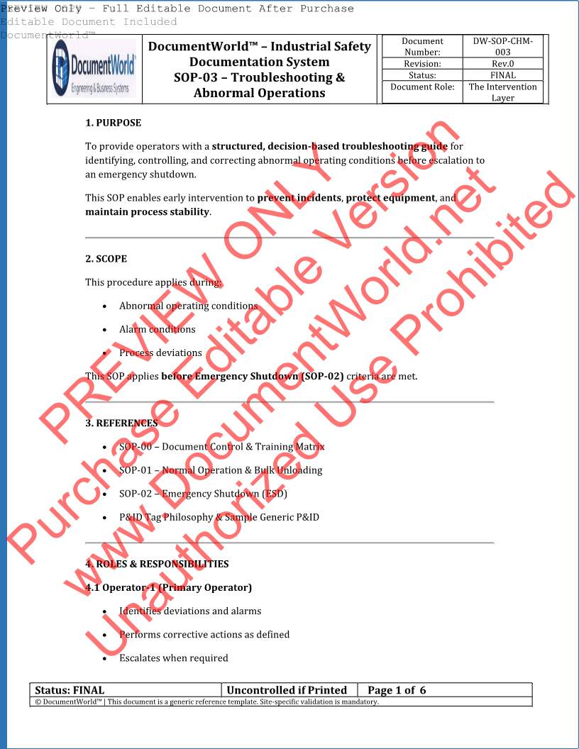 SOP-03 Troubleshooting and Abnormal Operations Procedure for Chemical Storage and Dosing System acid caustic PSM compliant industrial safety document