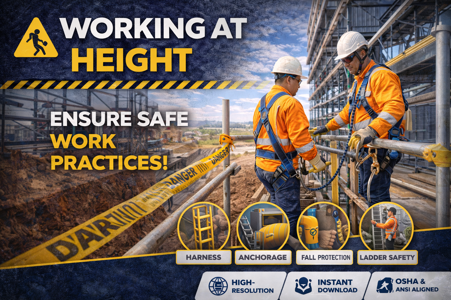 Working at Height Safety Poster Fall Protection Construction Workplace Safety Awareness