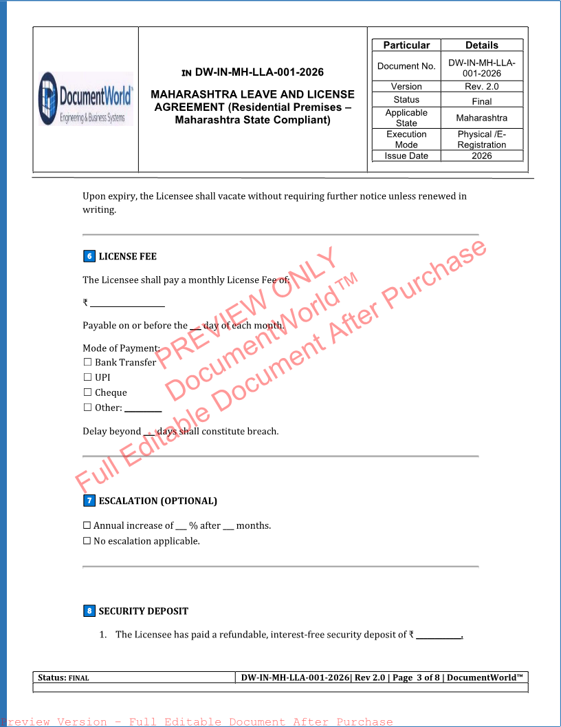 Maharashtra Leave and License Agreement – 11 Month Rental Contract Template | महाराष्ट्र Leave & License Agreement Format (2026 Legal Edition)
