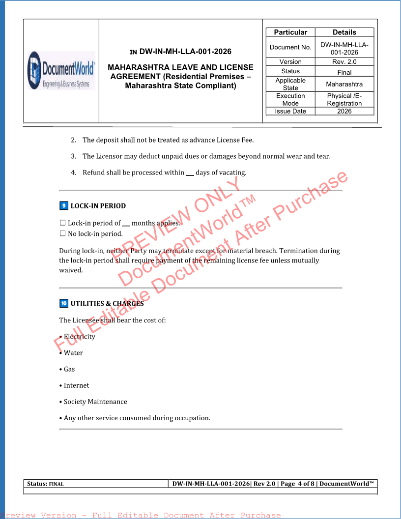Maharashtra Leave and License Agreement – 11 Month Rental Contract Template | महाराष्ट्र Leave & License Agreement Format (2026 Legal Edition)