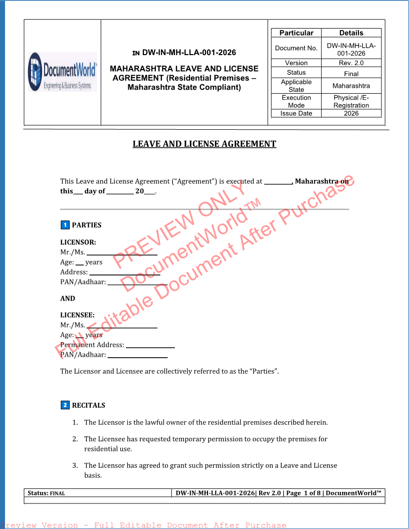 Maharashtra Leave and License Agreement – 11 Month Rental Contract Template | महाराष्ट्र Leave & License Agreement Format (2026 Legal Edition)