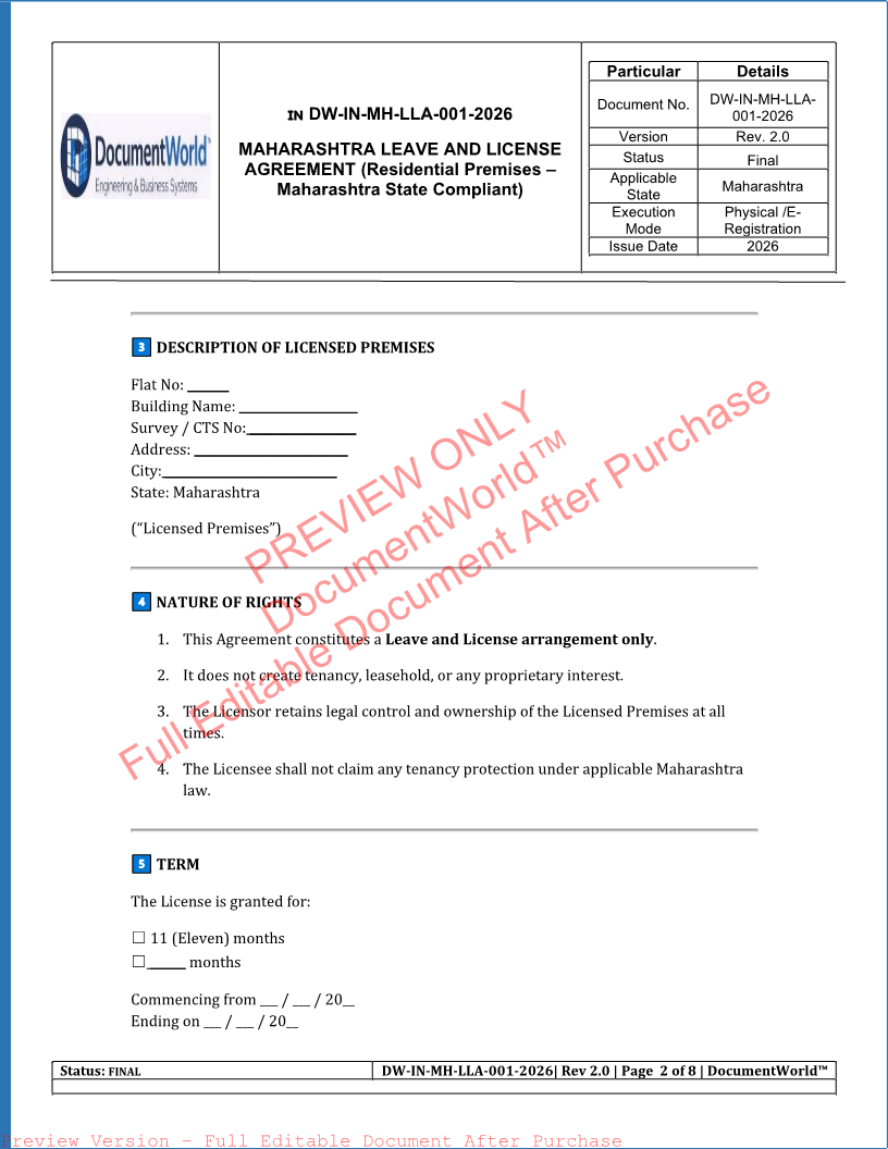 Maharashtra Leave and License Agreement – 11 Month Rental Contract Template | महाराष्ट्र Leave & License Agreement Format (2026 Legal Edition)