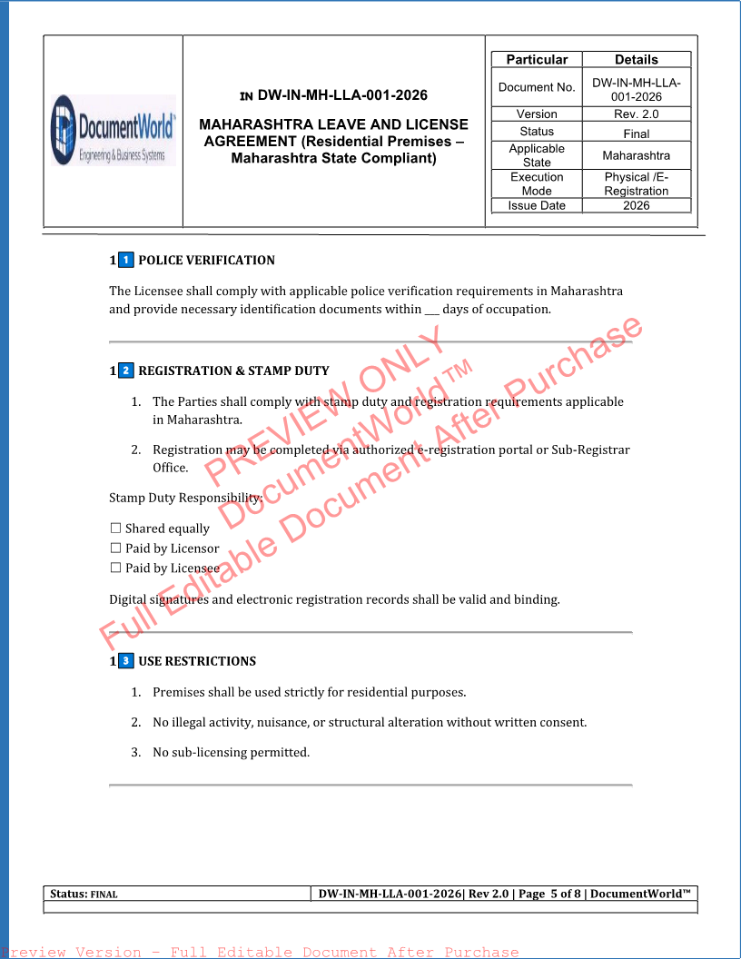 Maharashtra Leave and License Agreement – 11 Month Rental Contract Template | महाराष्ट्र Leave & License Agreement Format (2026 Legal Edition)
