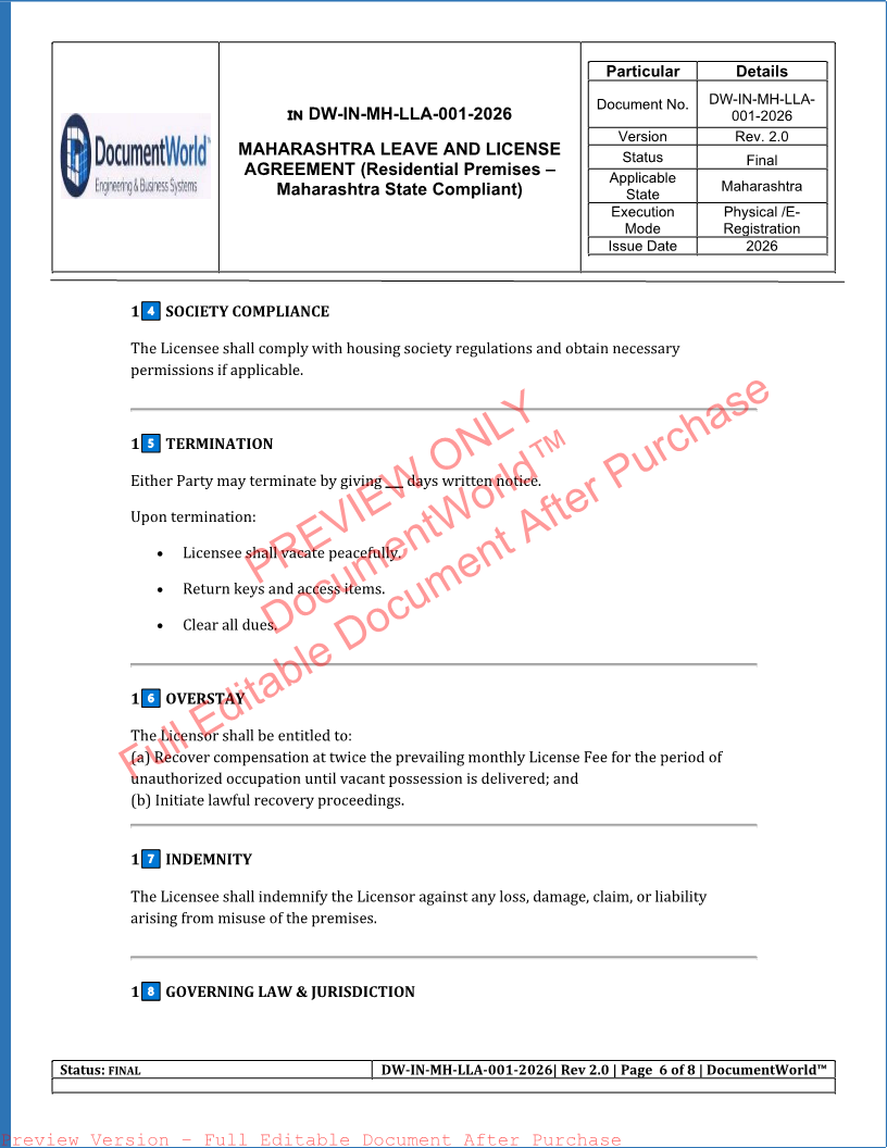 Maharashtra Leave and License Agreement – 11 Month Rental Contract Template | महाराष्ट्र Leave & License Agreement Format (2026 Legal Edition)