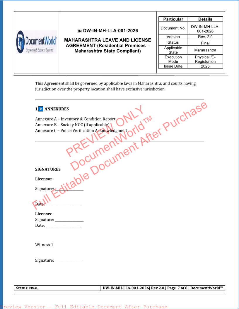 Maharashtra Leave and License Agreement – 11 Month Rental Contract Template | महाराष्ट्र Leave & License Agreement Format (2026 Legal Edition)