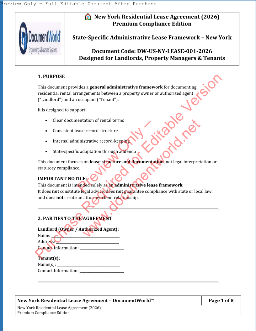 New York Residential Lease Agreement 2026 editable Word PDF DocumentWorld premium contract