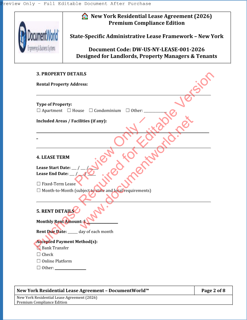 Premium New York Residential Lease Agreement (2026) – Editable & State-Compliant