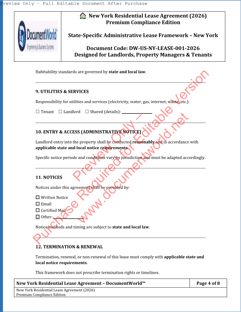 New York Residential Lease Agreement 2026 editable Word PDF DocumentWorld premium contract