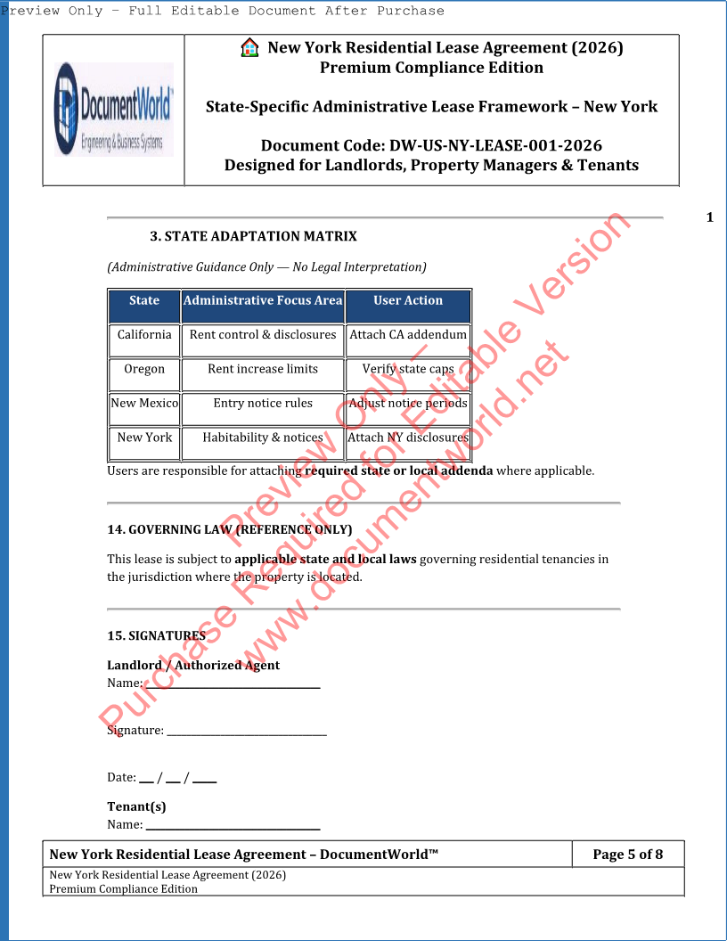 New York Residential Lease Agreement (2026) – Editable Word & PDF | State-Compliant Rental Contract
