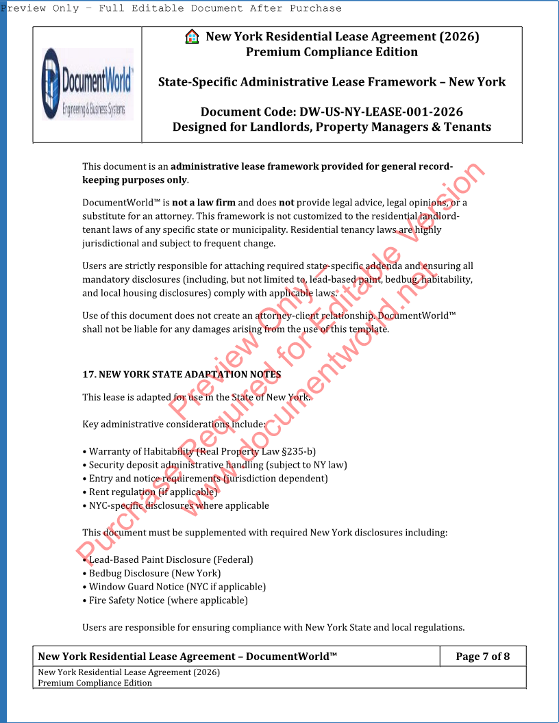 New York Residential Lease Agreement (2026) – Editable Word & PDF | State-Compliant Rental Contract