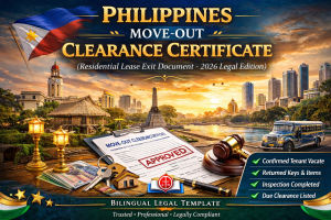 Philippines Move-Out Clearance Certificate template confirming tenant vacated property, returned keys, completed inspection and property handover – residential lease exit document 2026