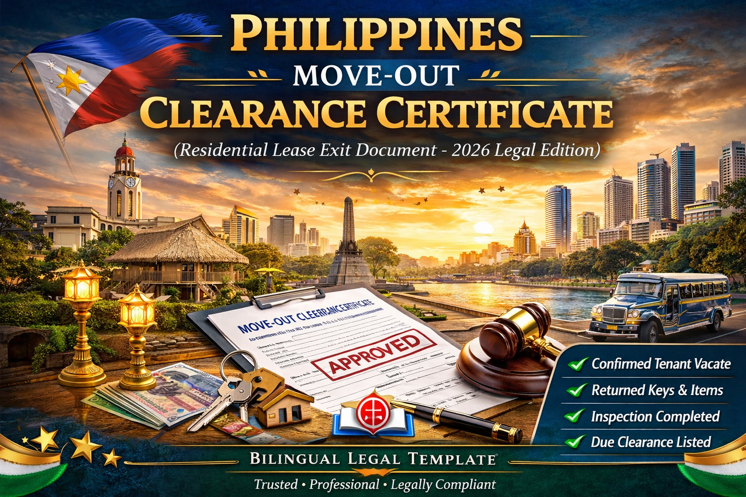 Philippines Move-Out Clearance Certificate template confirming tenant vacated property, returned keys, completed inspection and property handover – residential lease exit document 2026