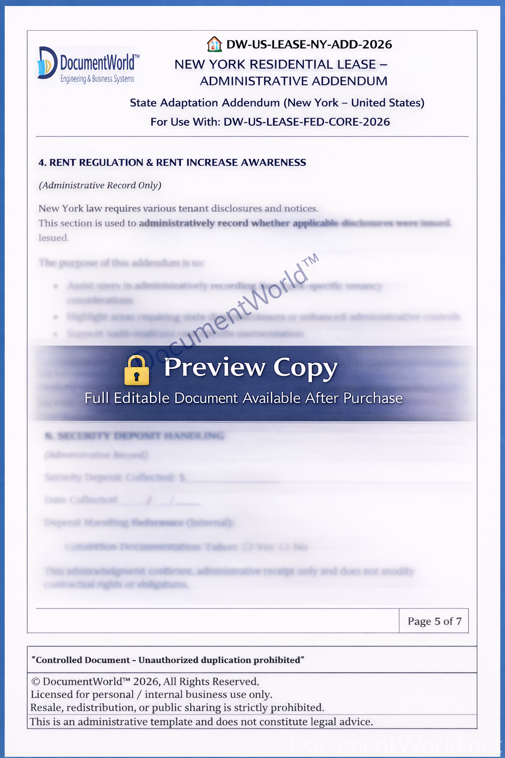 New York Residential Lease Addendum (2026) – Disclosure & Compliance Tracker Template