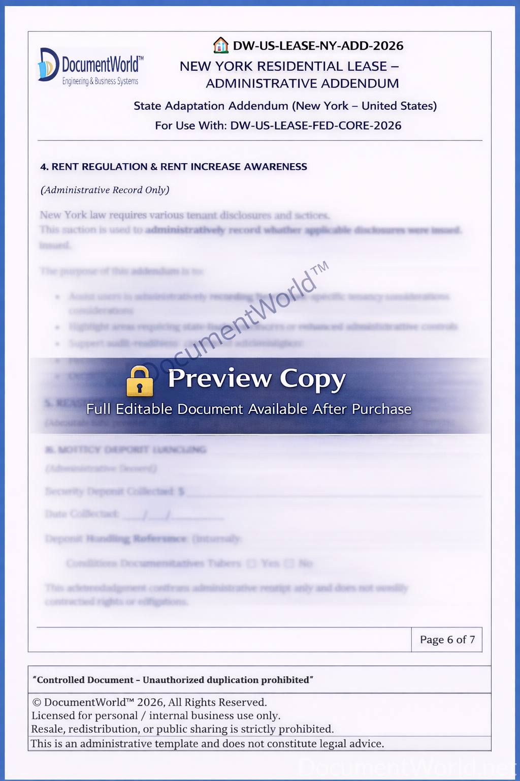 New York Residential Lease Addendum (2026) – Disclosure & Compliance Tracker Template