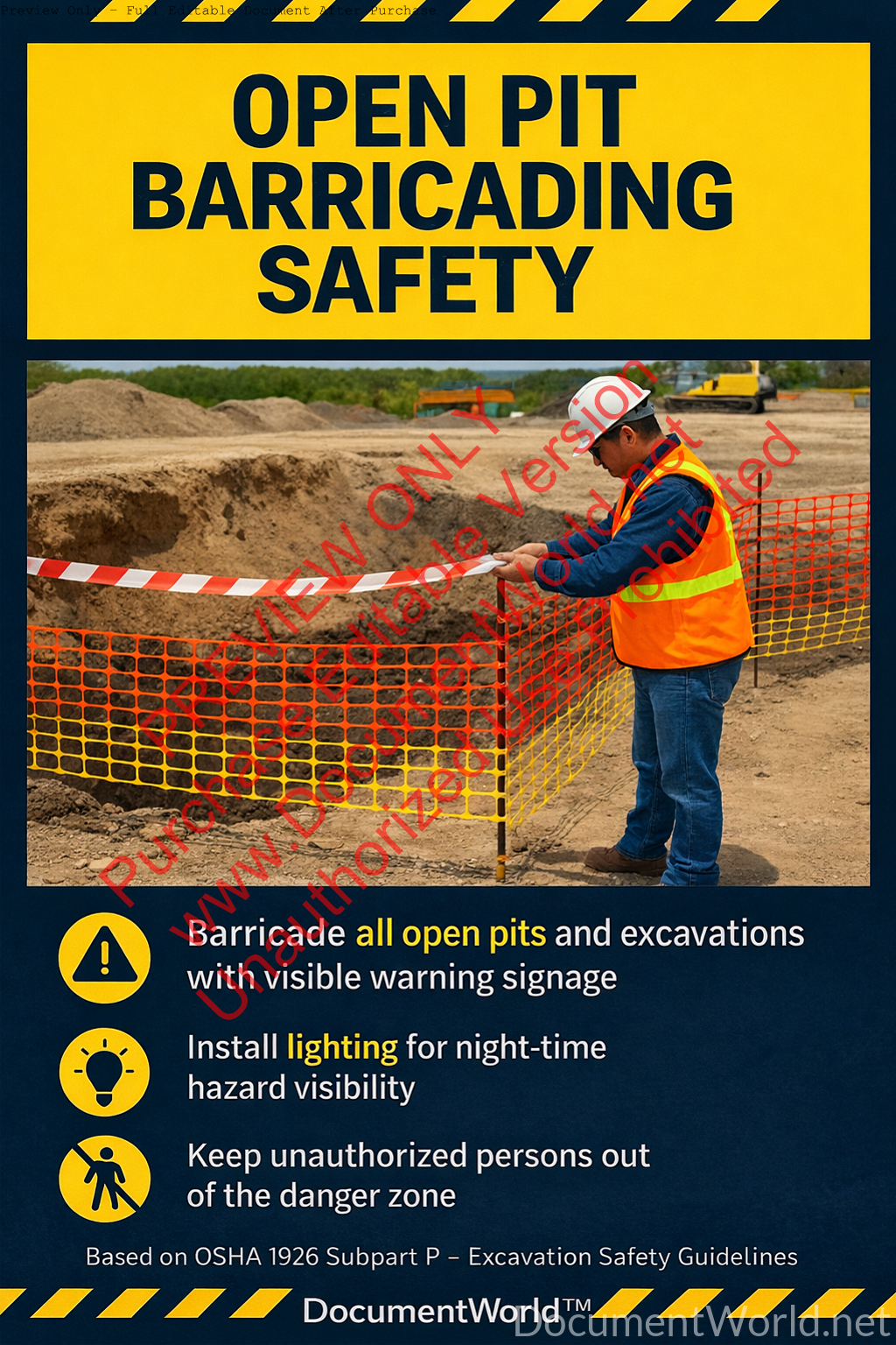 Open pit barricading safety poster showing excavation hazard protection, warning signage, and safe barricade installation for construction sites