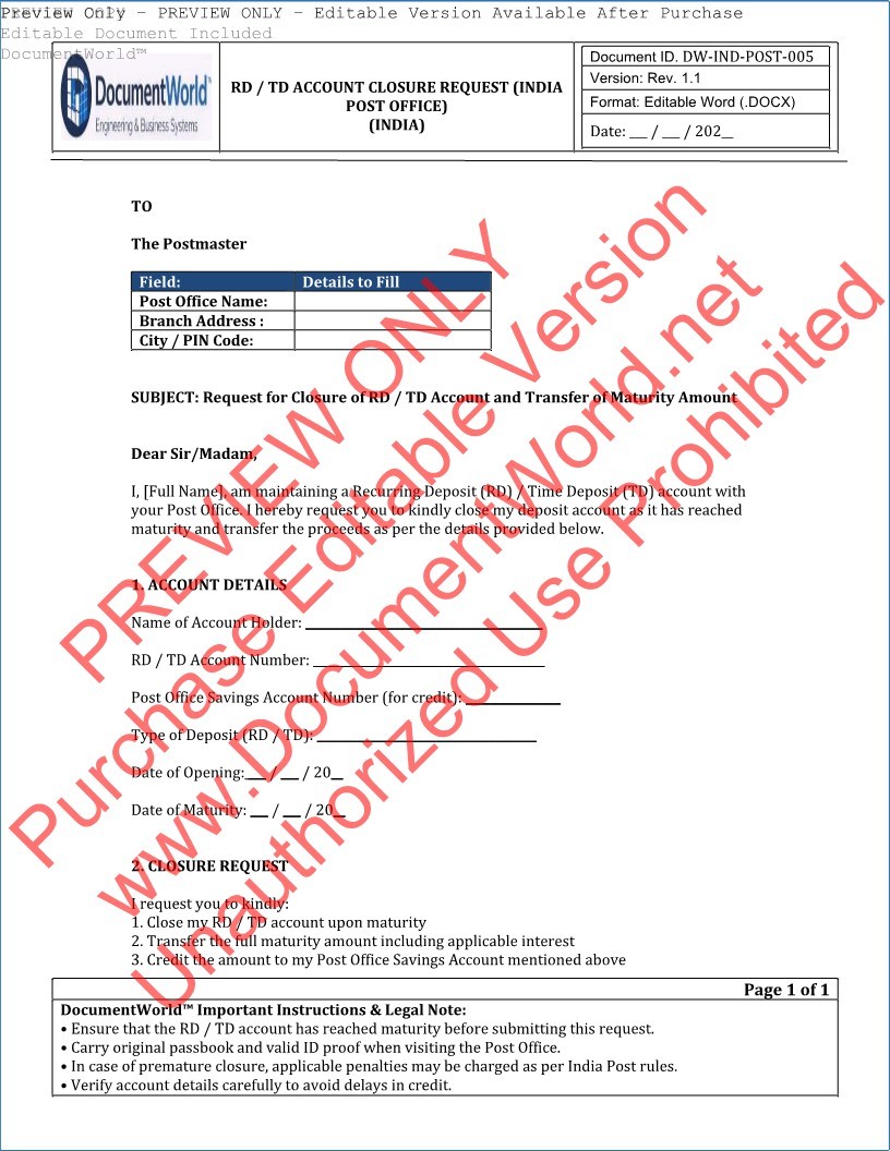 India Post RD TD account closure request letter editable Word format document for post office savings transfer India