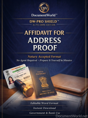 Affidavit for Address Proof India template, notary-ready address declaration document for bank KYC, government verification, and residential proof with passport, Aadhaar and legal stamp visuals