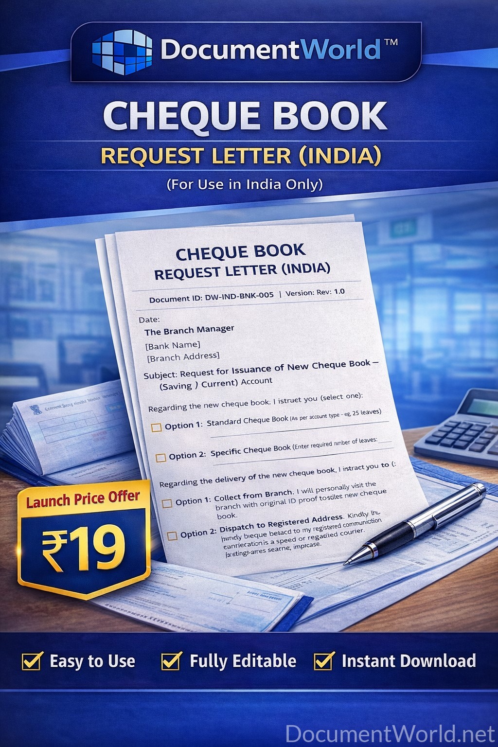 Cheque Book Request Letter (India) – Editable Word Format | Instant Download | ₹19 Launch Offer