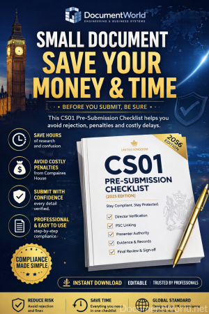 UK CS01 Pre-Submission Checklist 2026 editable template to avoid Companies House rejection and compliance penalties