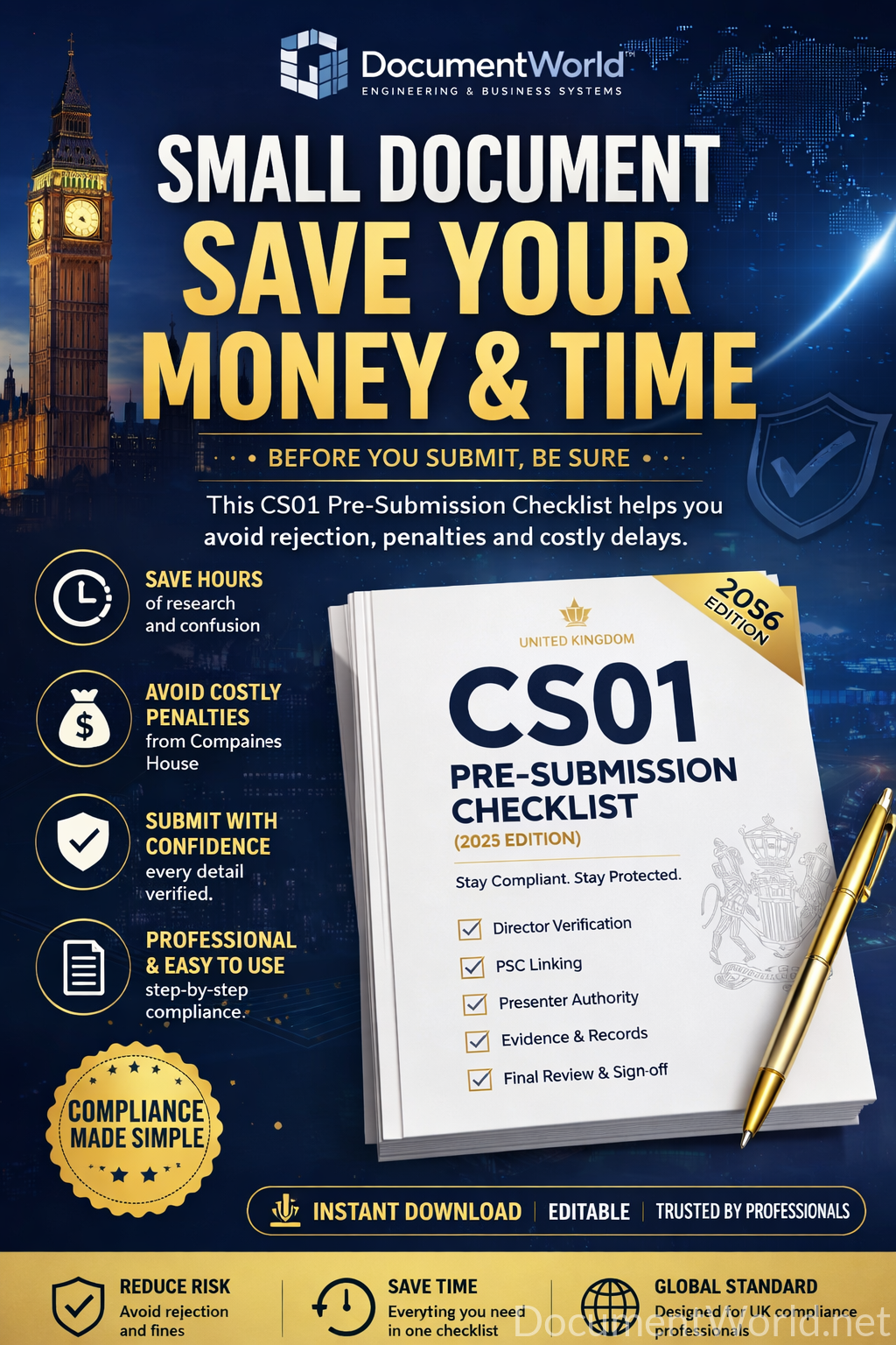 UK CS01 Pre-Submission Checklist 2026 editable template to avoid Companies House rejection and compliance penalties