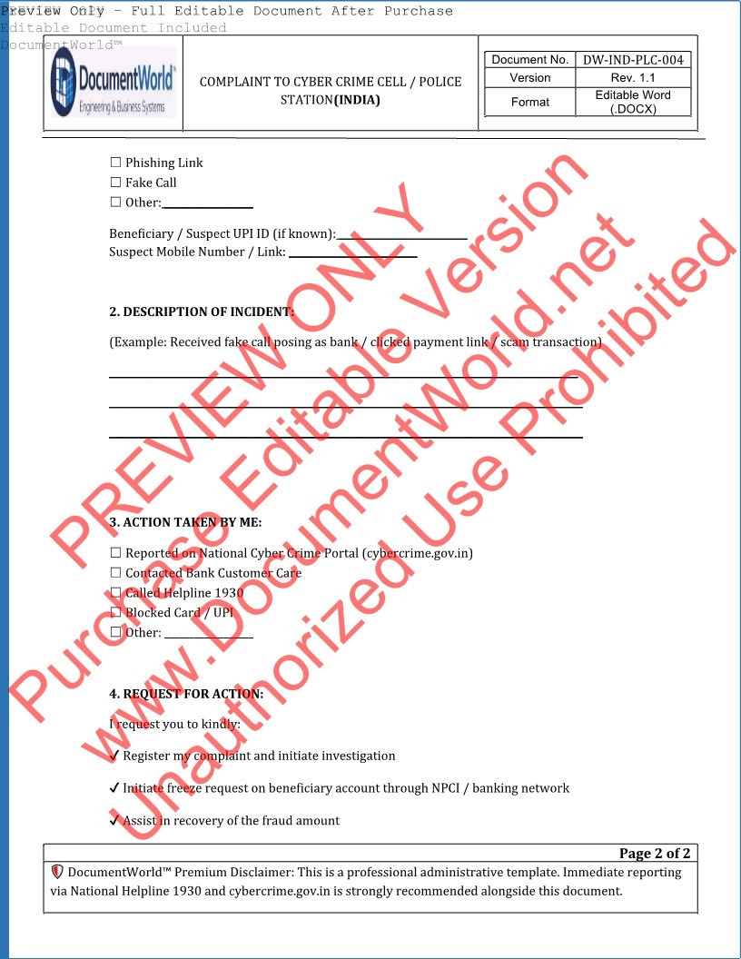 Cyber Fraud Complaint & Recovery Kit India – Police & Bank Letter | UPI Fraud | ₹49 Instant Download