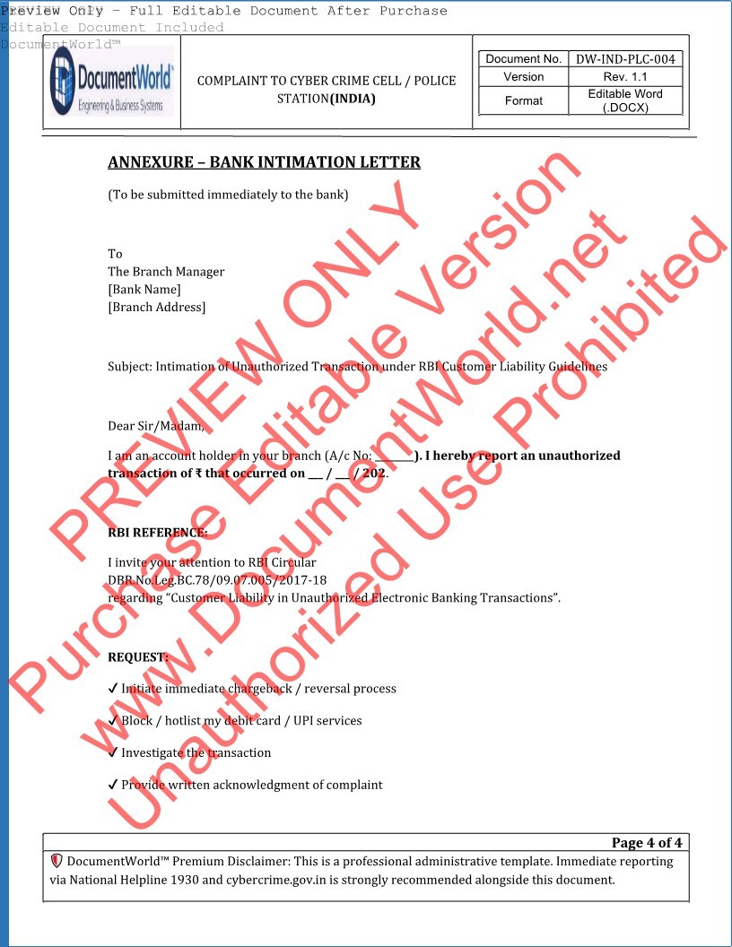Cyber Fraud Complaint & Recovery Kit India – Police & Bank Letter | UPI Fraud | ₹49 Instant Download