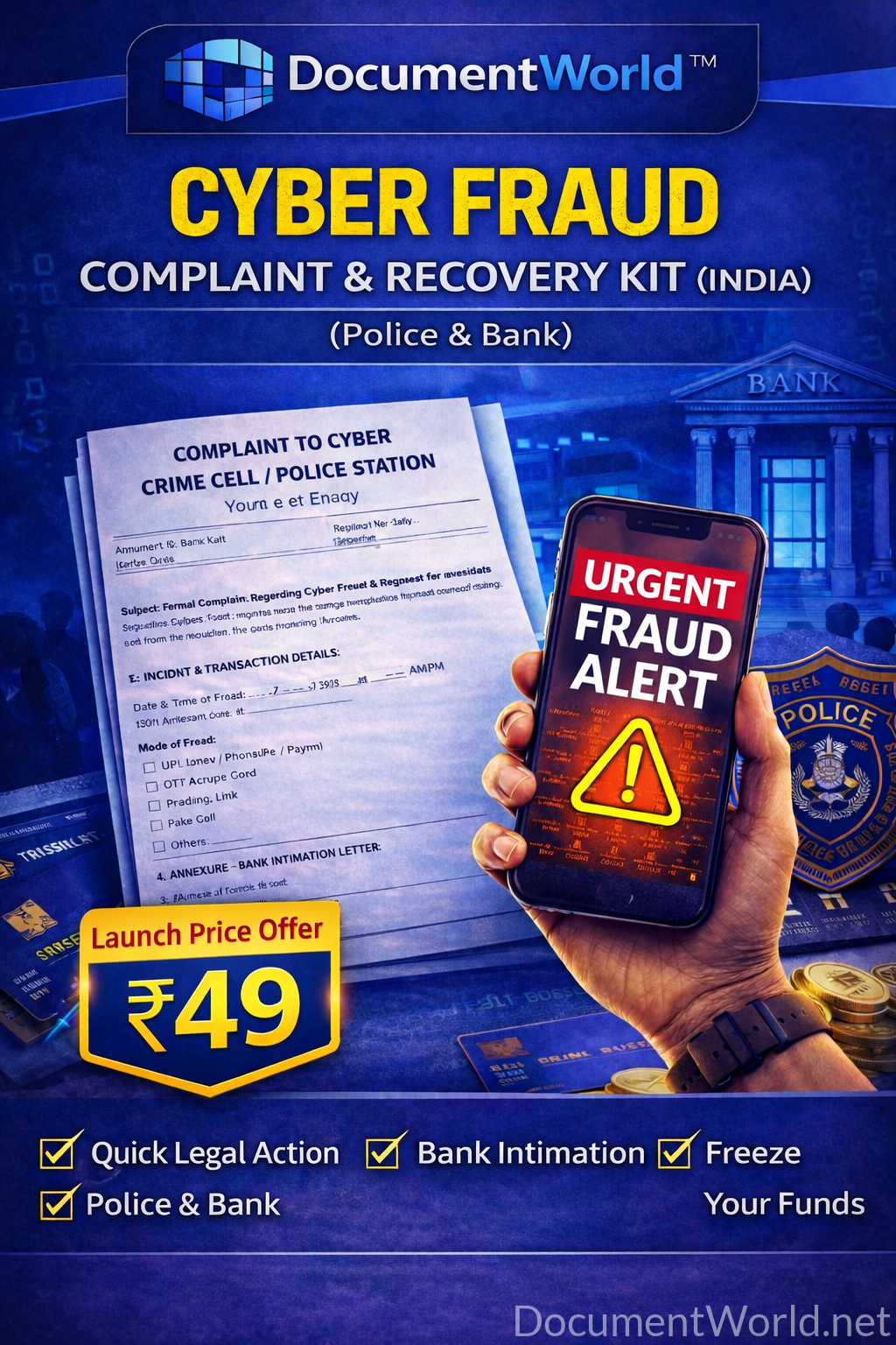 भारत के लिए Cyber Fraud Complaint & Recovery Kit डाउनलोड करें। इसमें पुलिस शिकायत और बैंक इंटिमेशन लेटर शामिल है, जो RBI नियमों के अनुसार आपके पैसे की रिकवरी में मदद करता है।