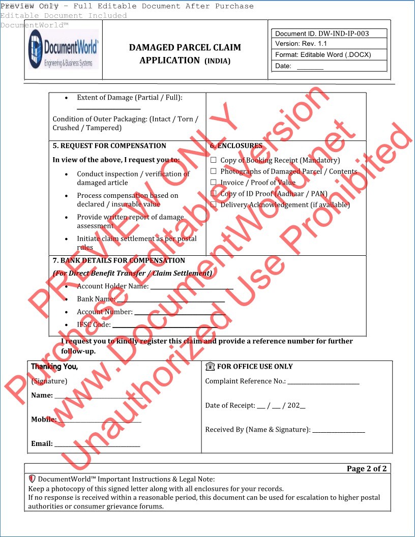 India Post Damaged Parcel Claim Form Editable Word Format for Compensation Request