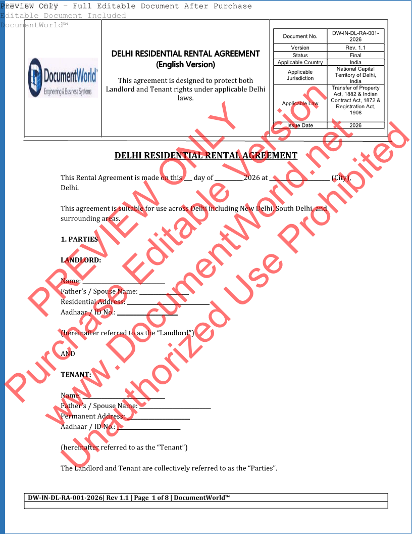 Delhi rental agreement template 2026 editable house rent agreement format New Delhi NCR Word download India