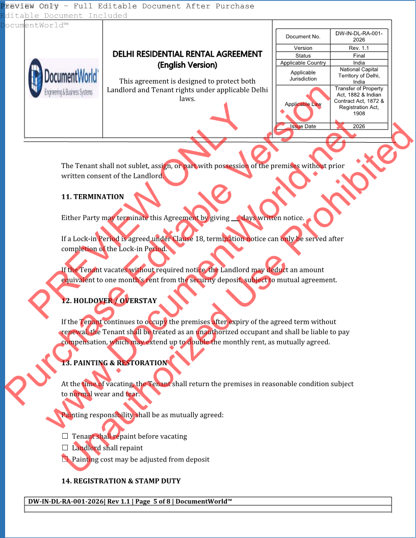 Delhi Residential Rental Agreement – Editable Legal Template-Special Offer ₹99 Only (2026 Edition)