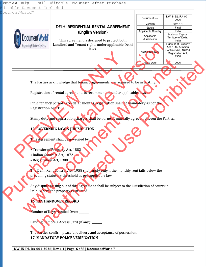 Delhi Residential Rental Agreement – Editable Legal Template-Special Offer ₹99 Only (2026 Edition)