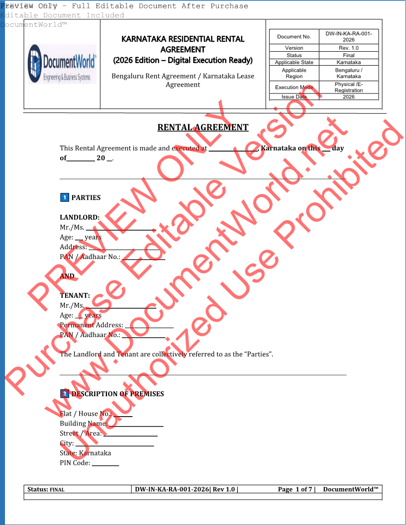 Karnataka residential rental agreement 2026 editable template for house rent legal document India