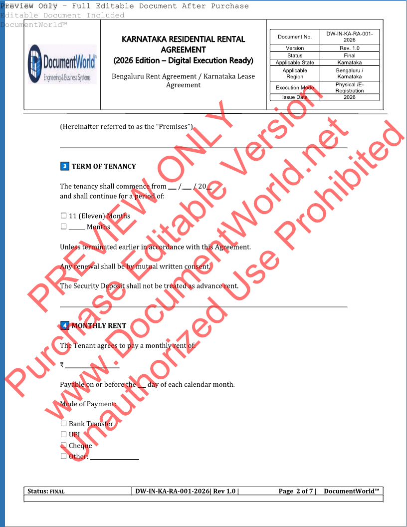 Karnataka Rental Agreement Format 2026 | Editable House Rent Agreement (DOCX/PDF)