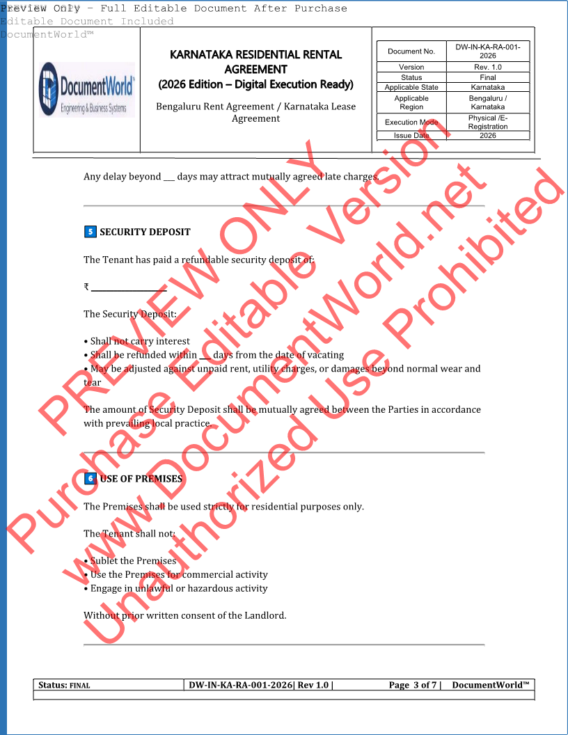 Karnataka Rental Agreement Format 2026 | Editable House Rent Agreement (DOCX/PDF)