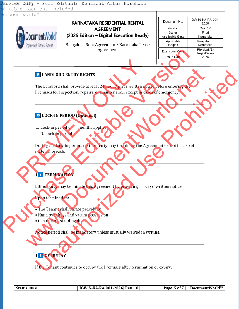 Karnataka Rental Agreement Format 2026 | Editable House Rent Agreement (DOCX/PDF)