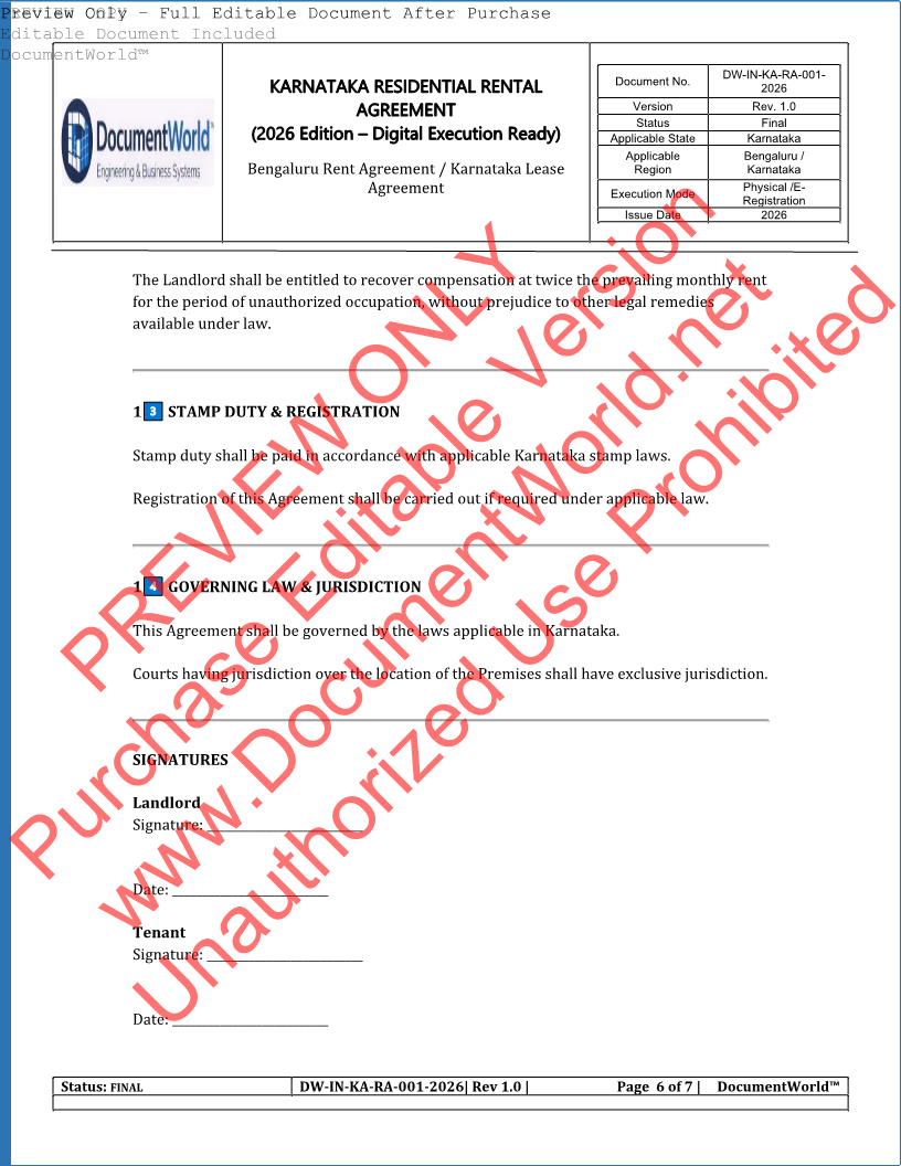 Karnataka Rental Agreement Format 2026 | Editable House Rent Agreement (DOCX/PDF)