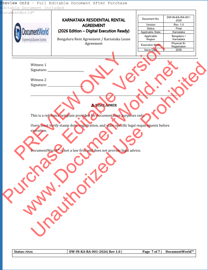 Karnataka Rental Agreement Format 2026 | Editable House Rent Agreement (DOCX/PDF)